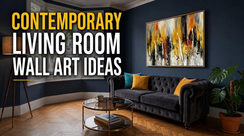 Contemporary living room featuring large handmade abstract wall art above a modern sofa with elegant interior décor.