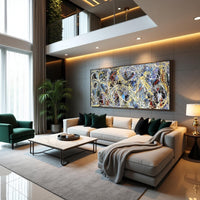 Jackson Pollock style abstract painting blue black gold splatter art large wall decor modern abstract contemporary painting on canvas