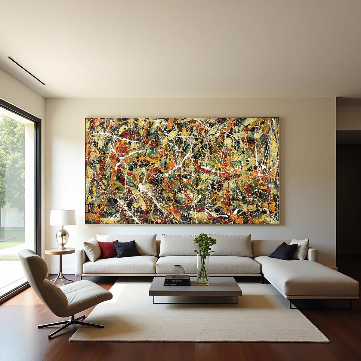 Large abstract splatter painting on canvas red green yellow black | Jackson Pollock style wall art | modern drip painting for living room