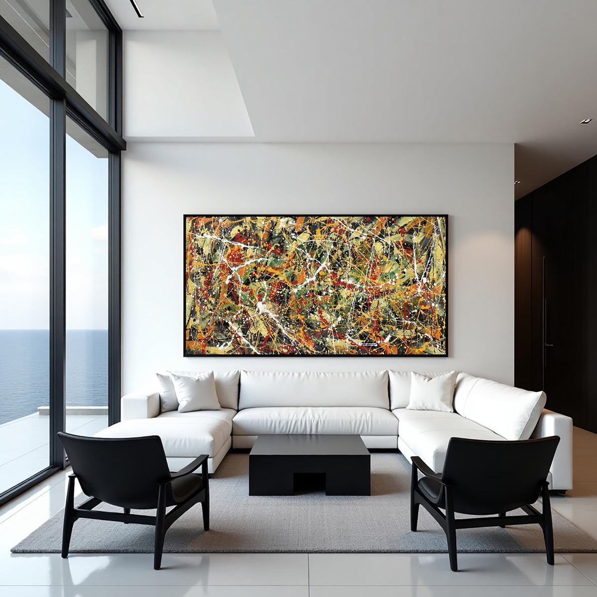 Large abstract splatter painting on canvas red green yellow black | Jackson Pollock style wall art | modern drip painting for living room