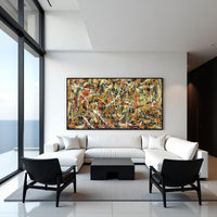Large abstract splatter painting on canvas red green yellow black | Jackson Pollock style wall art | modern drip painting for living room