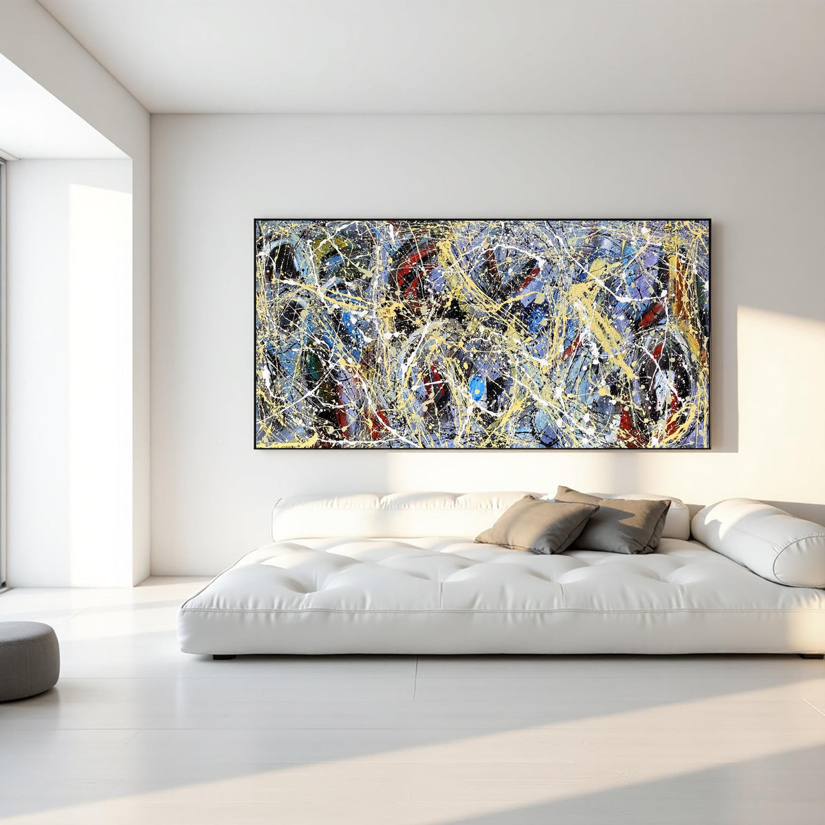 Jackson Pollock style abstract painting blue black gold splatter art large wall decor modern abstract contemporary painting on canvas
