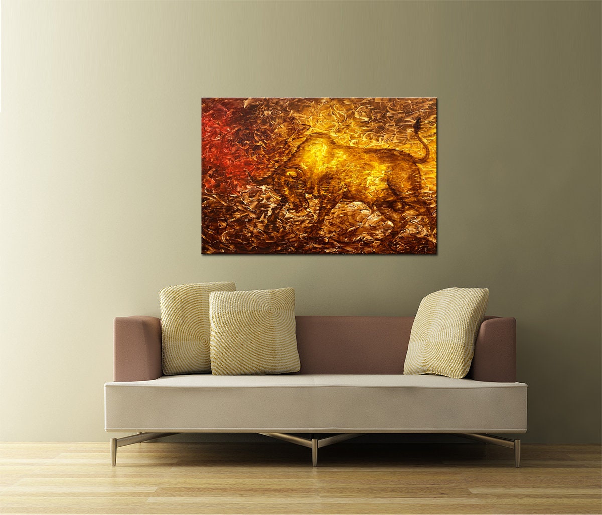 Figurative Bull painting brown and golden Portrait art on canvas, Animal, original wall art for home decor 36" x 48" inch Acrylic painting