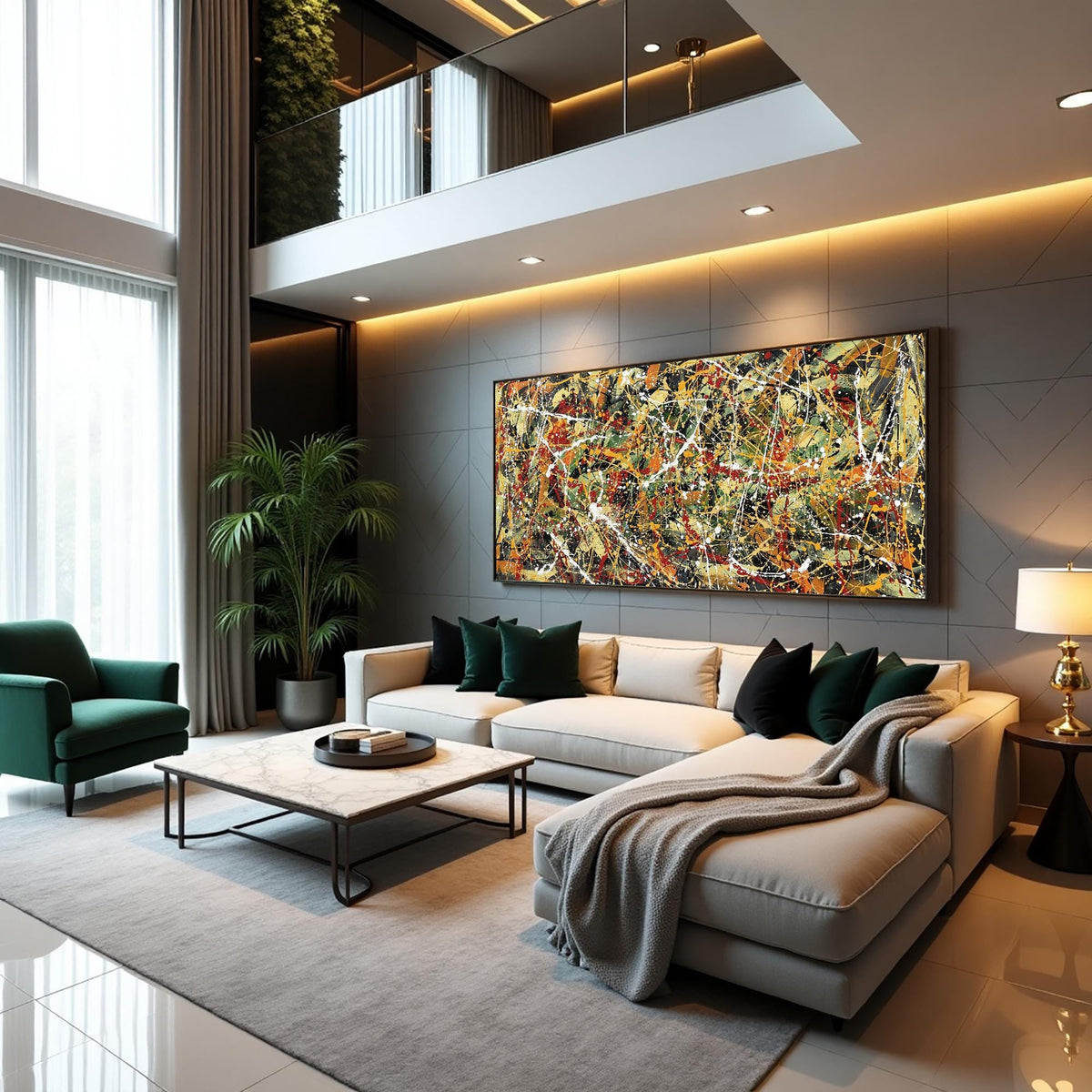 Large abstract splatter painting on canvas red green yellow black | Jackson Pollock style wall art | modern drip painting for living room