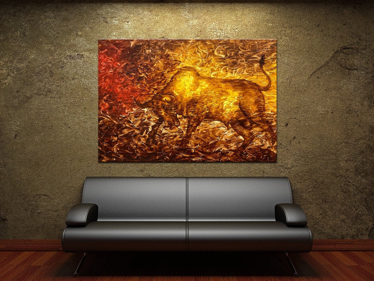 Figurative Bull painting brown and golden Portrait art on canvas, Animal, original wall art for home decor 36" x 48" inch Acrylic painting