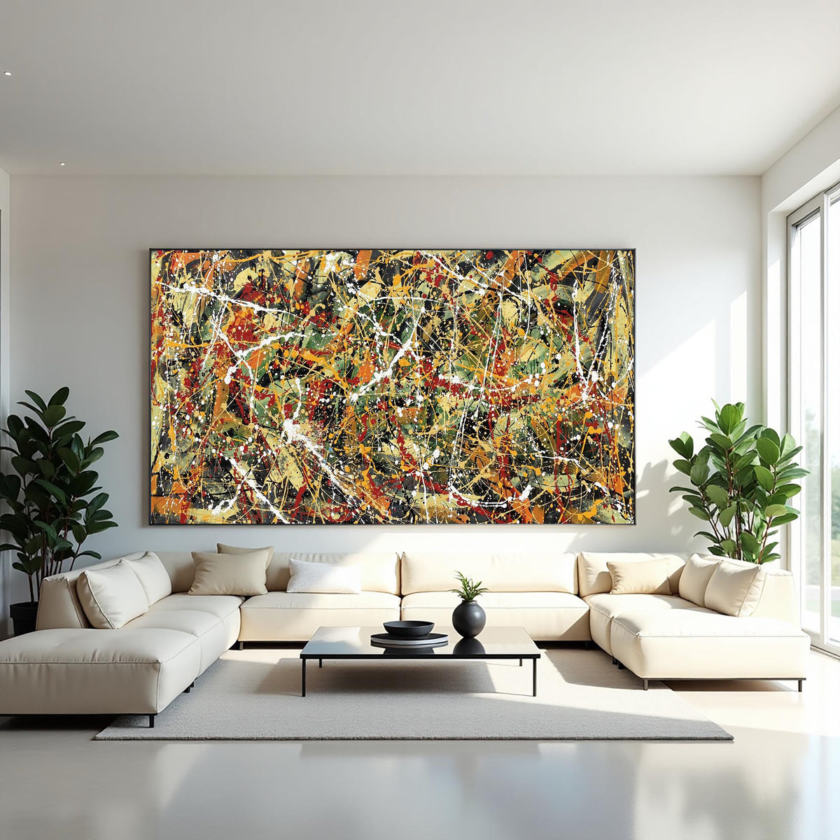 Large abstract splatter painting on canvas red green yellow black | Jackson Pollock style wall art | modern drip painting for living room