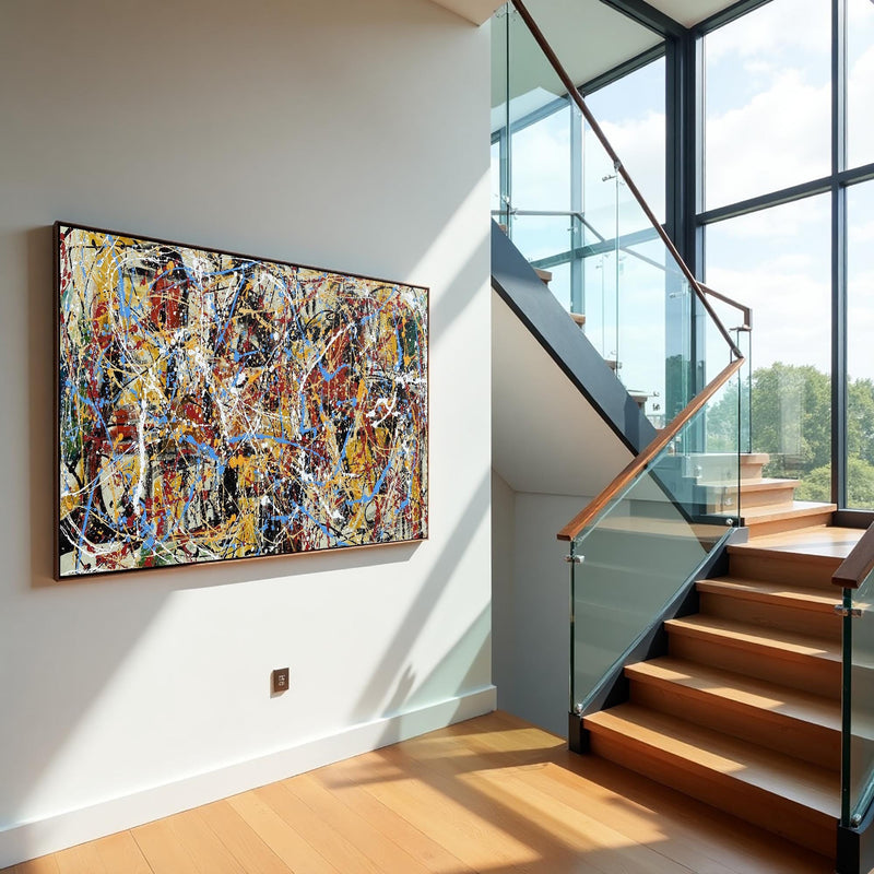 Bold Abstract Painting – Colorful Modern Drip Art – Large Canvas Wall Art – Handmade Jackson Pollock Style – Red Blue Yellow Artwork