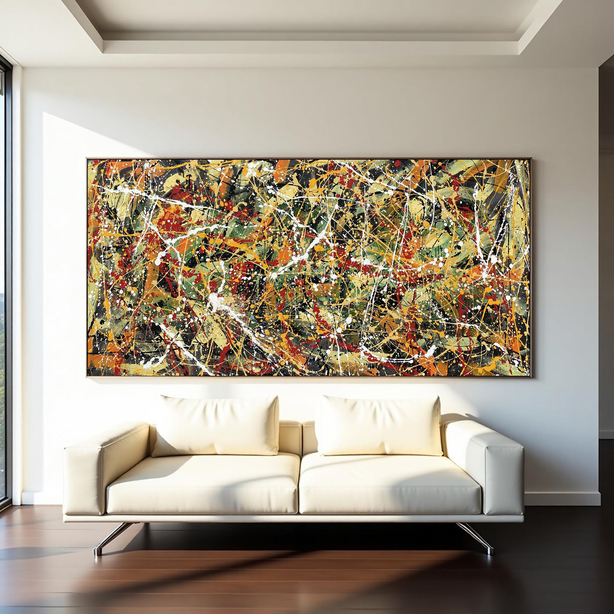 Large abstract splatter painting on canvas red green yellow black | Jackson Pollock style wall art | modern drip painting for living room