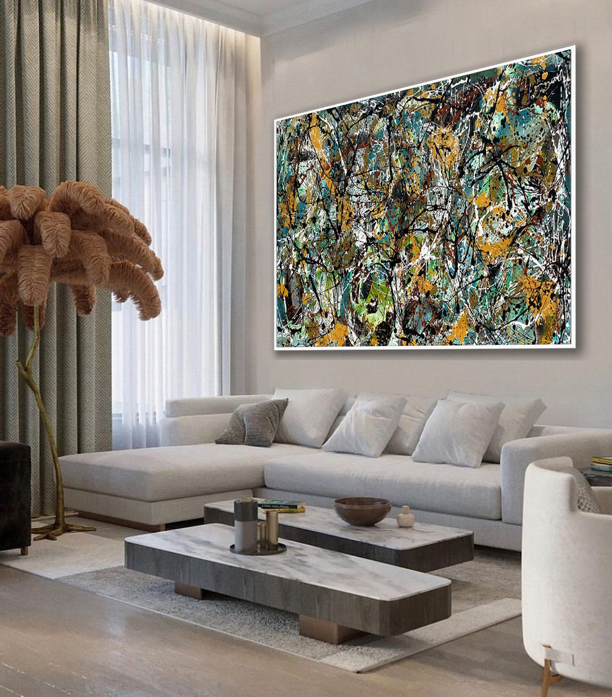 Large Original Abstract Painting modern fine Art Home Decor Jackson Pollock Style on Canvas - Luxurious Strings 15