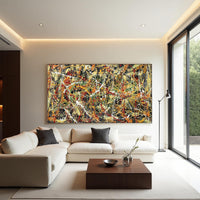 Large abstract splatter painting on canvas red green yellow black | Jackson Pollock style wall art | modern drip painting for living room