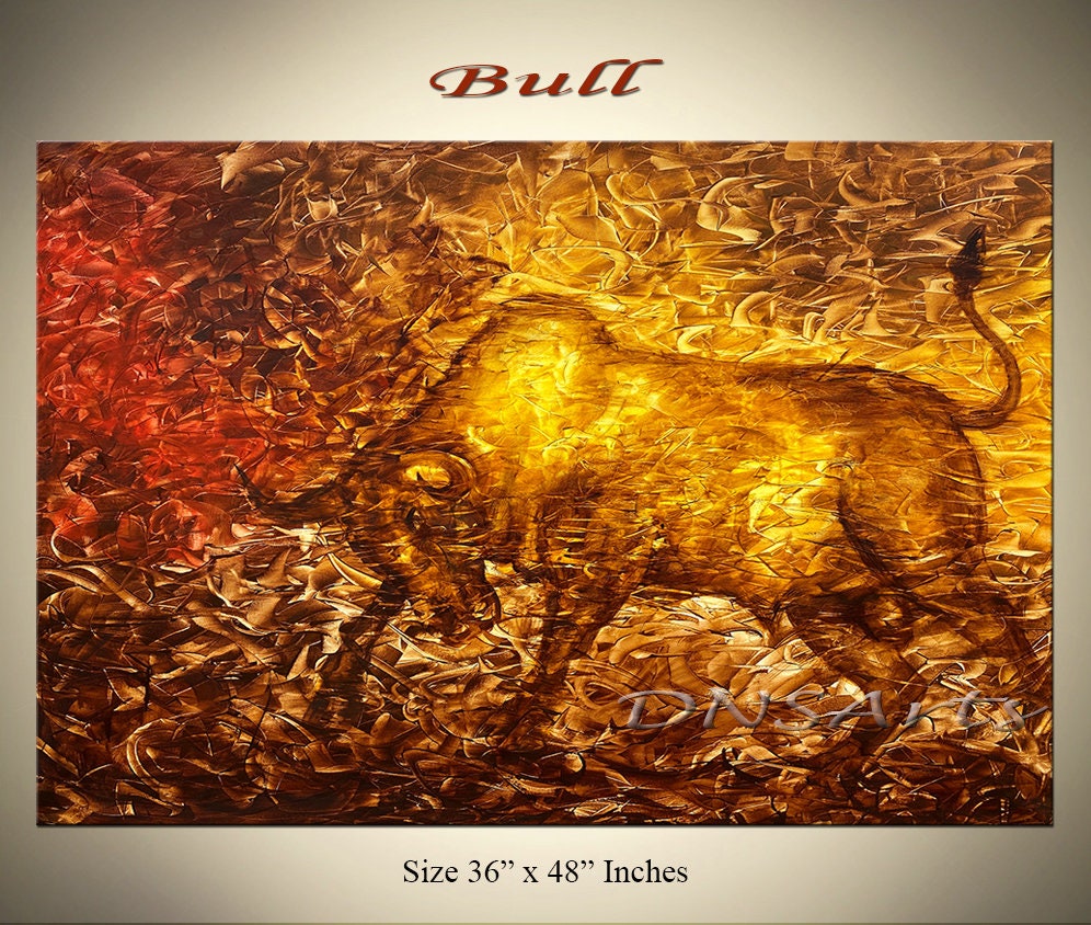 Figurative Bull painting brown and golden Portrait art on canvas, Animal, original wall art for home decor 36" x 48" inch Acrylic painting
