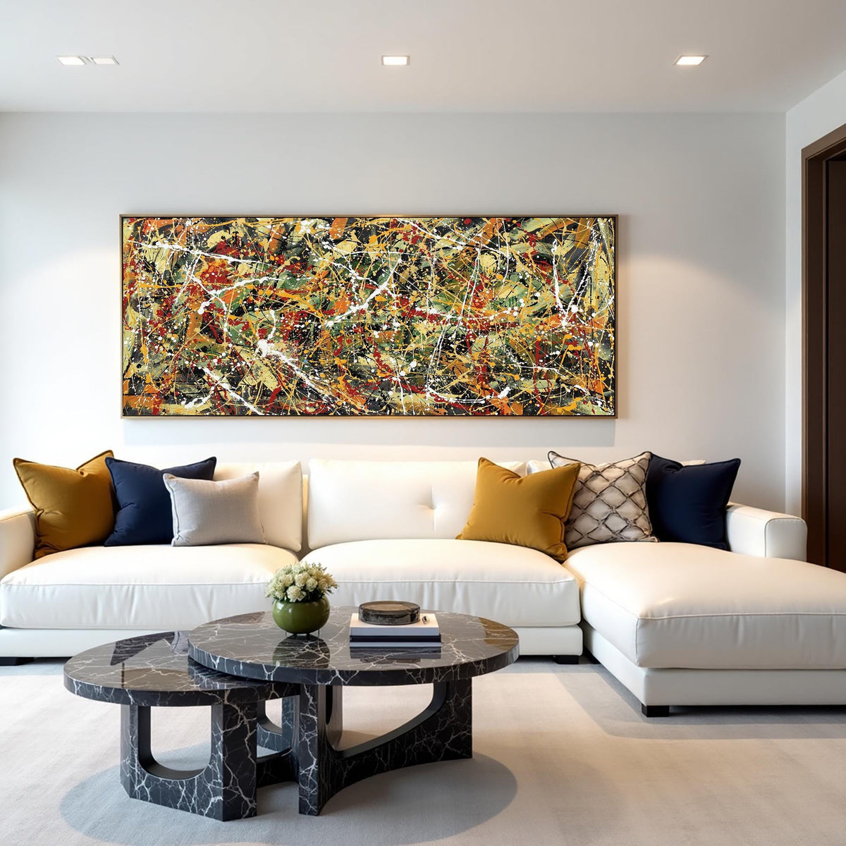 Large abstract splatter painting on canvas red green yellow black | Jackson Pollock style wall art | modern drip painting for living room
