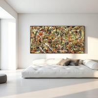 Large abstract splatter painting on canvas red green yellow black | Jackson Pollock style wall art | modern drip painting for living room