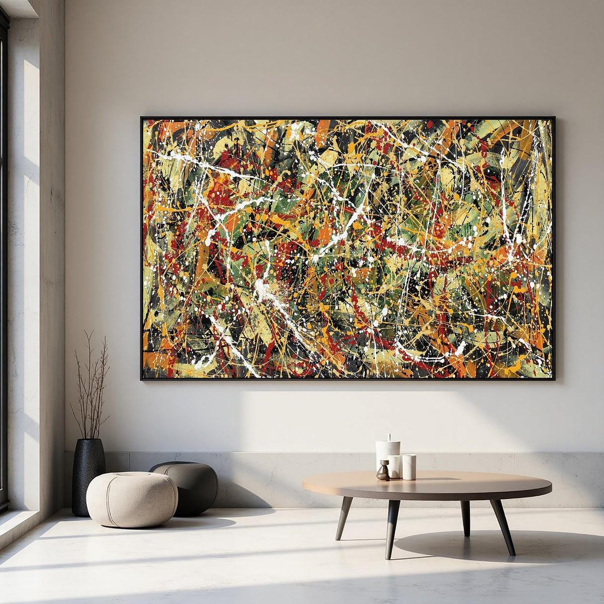 Large abstract splatter painting on canvas red green yellow black | Jackson Pollock style wall art | modern drip painting for living room