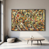 Large abstract splatter painting on canvas red green yellow black | Jackson Pollock style wall art | modern drip painting for living room