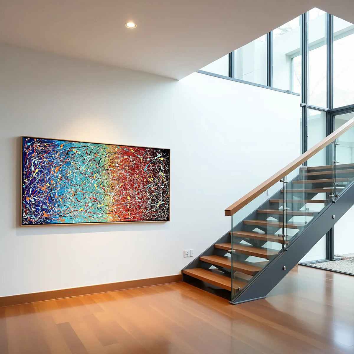Colorful abstract drip painting on canvas displayed in a modern living room interior above a white sofa, original hand-painted contemporary wall art