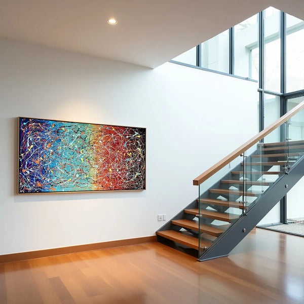 Colorful abstract drip painting on canvas displayed in a modern living room interior above a white sofa, original hand-painted contemporary wall art