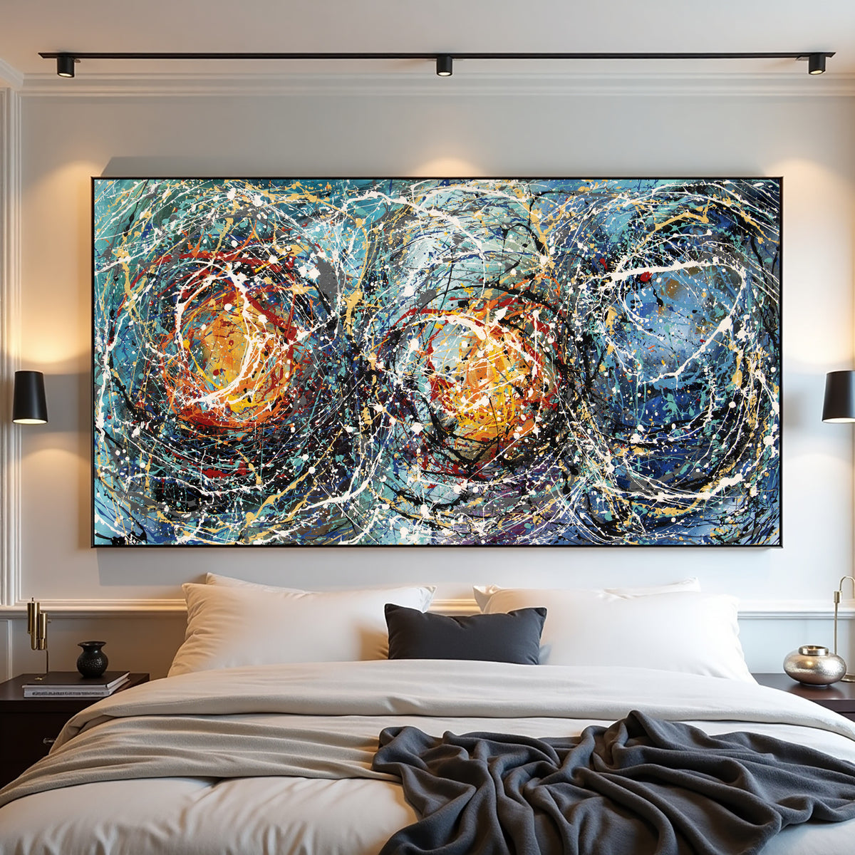 Colorful Abstract Drip Painting on Canvas – Original Hand-Painted Modern Wall Art - (Luxurious Strings 01)