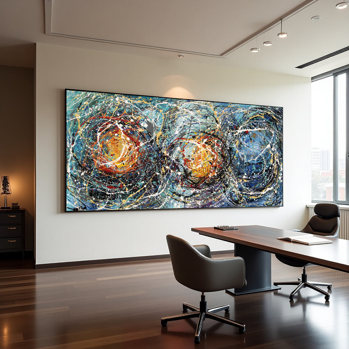 Colorful Abstract Drip Painting on Canvas – Original Hand-Painted Modern Wall Art - (Luxurious Strings 01)