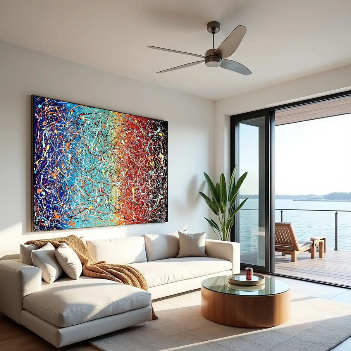 Wide horizontal abstract drip painting on canvas displayed in a modern gallery-style interior, original contemporary abstract artwork