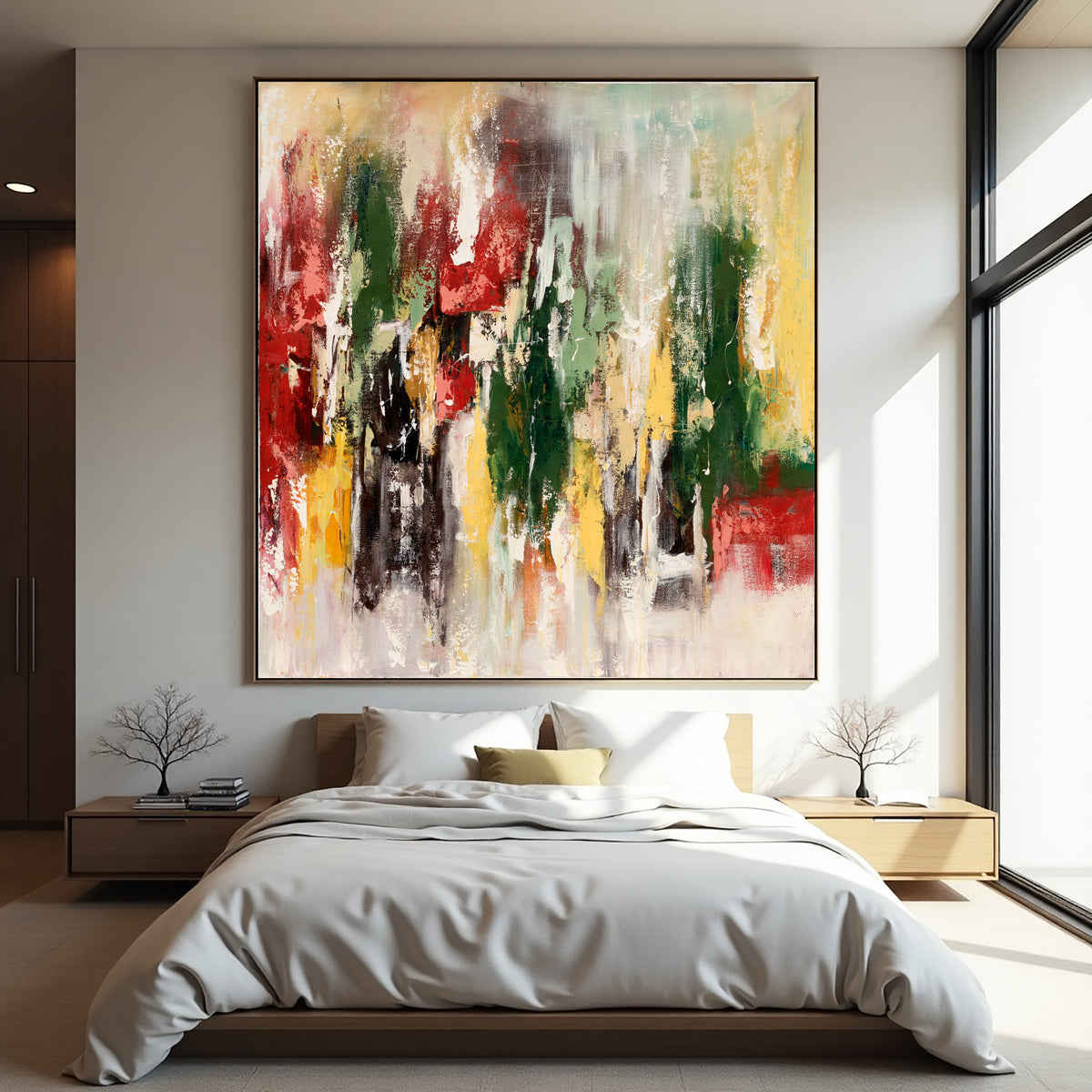 Red Green Abstract Painting – Bold Textured Modern Wall Art