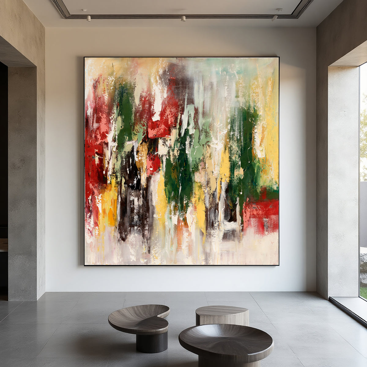 Red Green Abstract Painting – Bold Textured Modern Wall Art