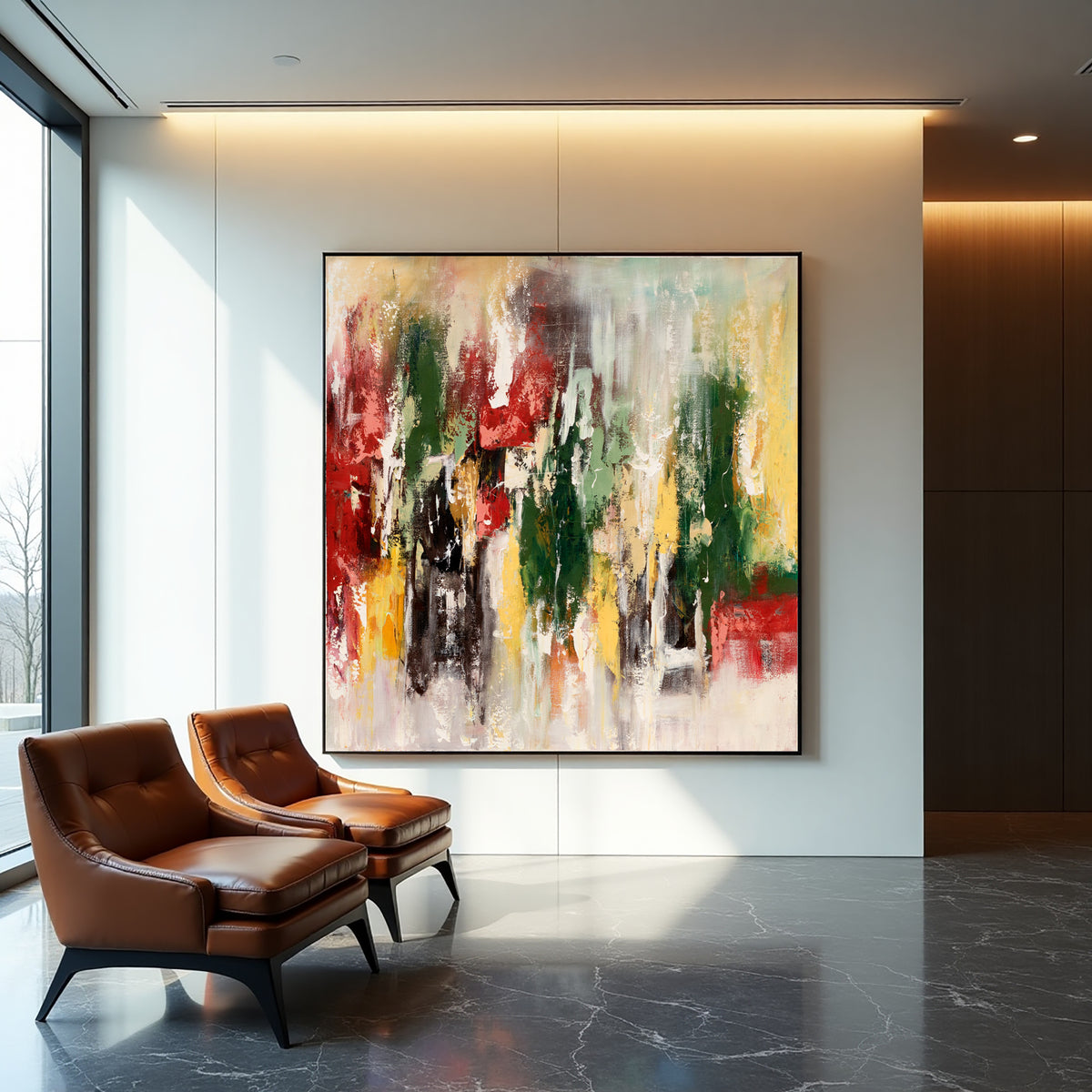 Red Green Abstract Painting – Bold Textured Modern Wall Art