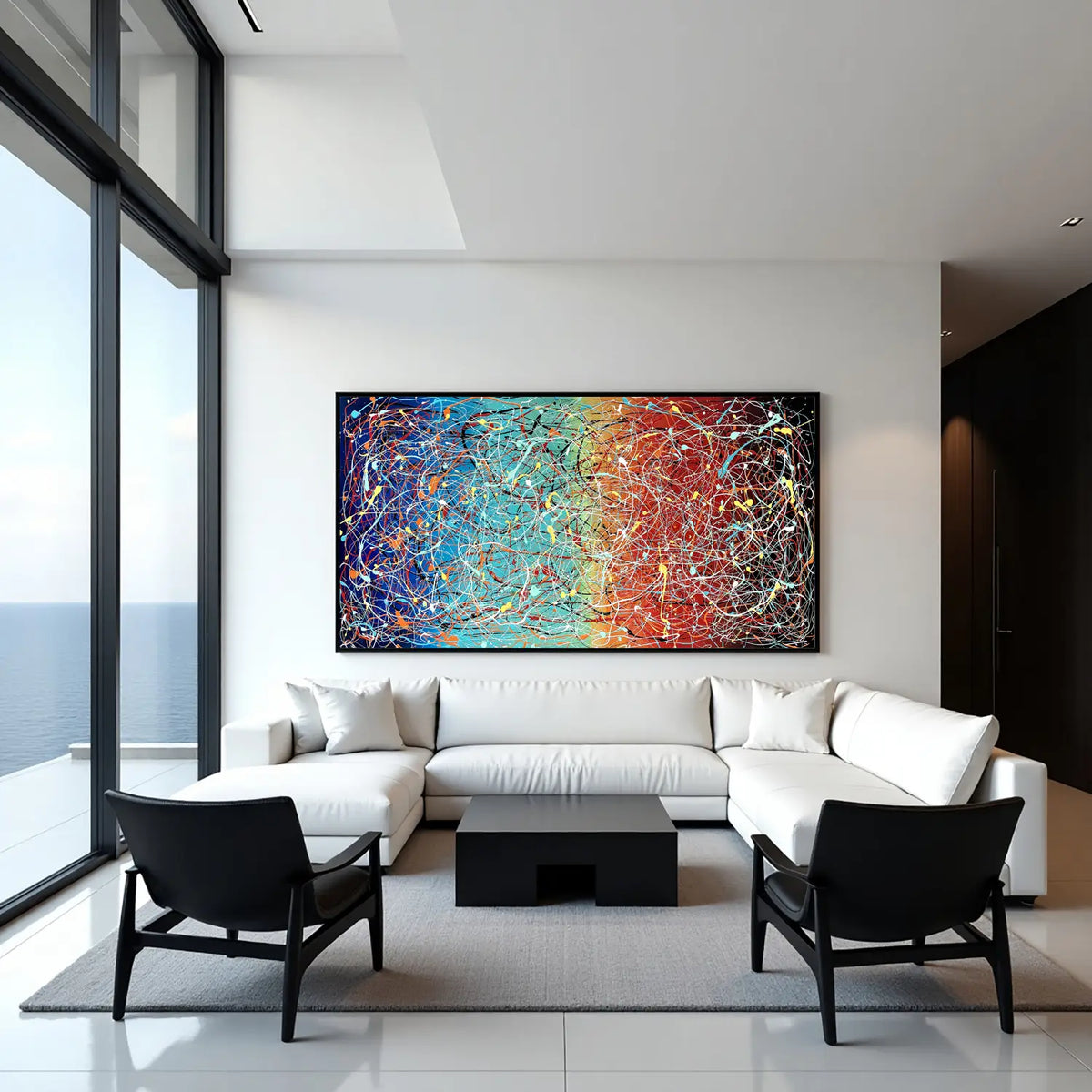 Hand-painted colorful abstract wall art on canvas in a modern living room with natural light, statement abstract painting for interiors