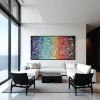 Hand-painted colorful abstract wall art on canvas in a modern living room with natural light, statement abstract painting for interiors