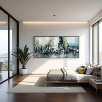 Teal Abstract Cityscape Painting – Modern Textured Wall Art