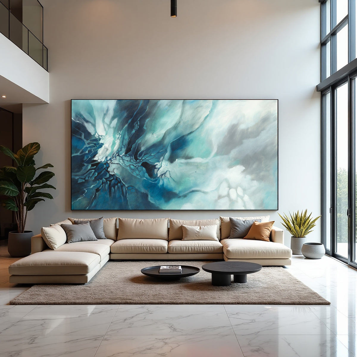 Aqua Blue Fluid Abstract Painting on Canvas