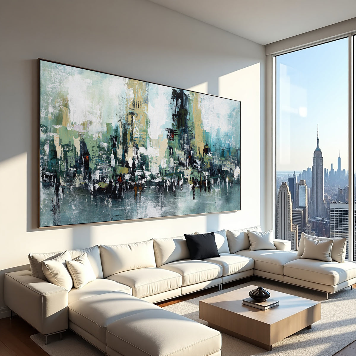 Teal Abstract Cityscape Painting – Modern Textured Wall Art