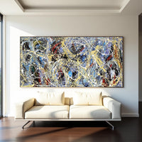 Jackson Pollock style abstract painting blue black gold splatter art large wall decor modern abstract contemporary painting on canvas