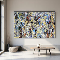 Jackson Pollock style abstract painting blue black gold splatter art large wall decor modern abstract contemporary painting on canvas
