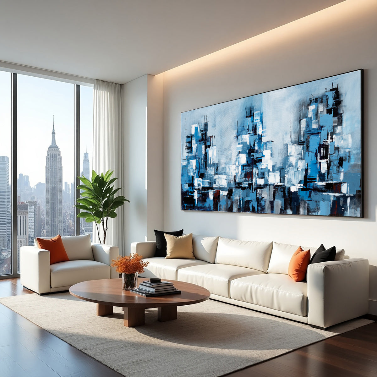 Aqua Abstract Cityscape Painting on Canvas