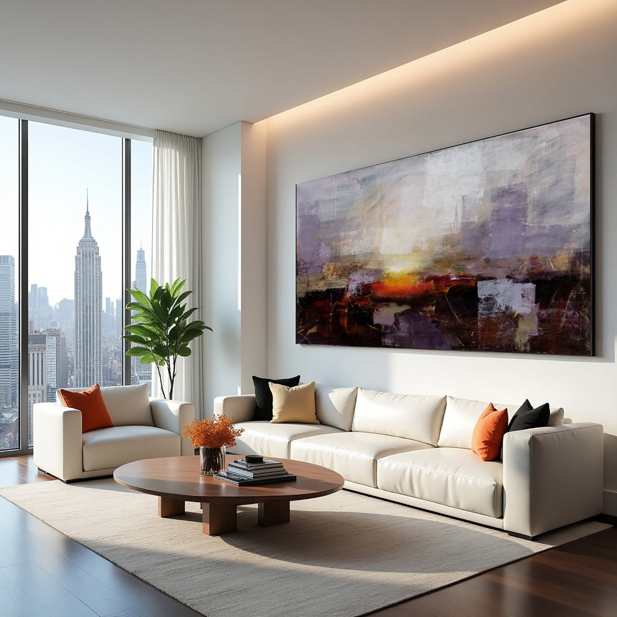 Purple Abstract Painting with Warm Glow – Hand-Painted Modern Canvas Wall Art