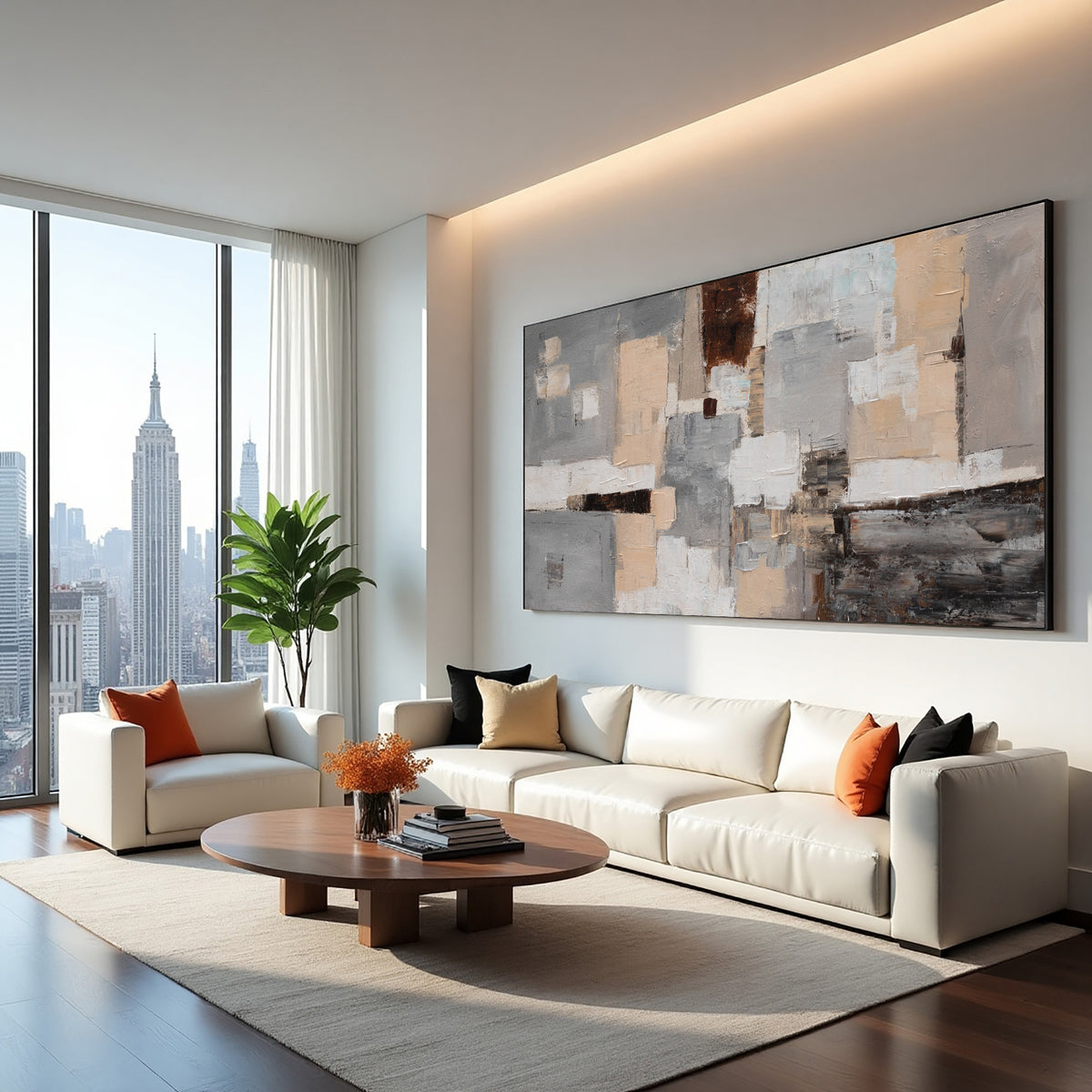 Grey Brown Abstract Painting – Hand-Painted Neutral Modern Canvas Wall Art