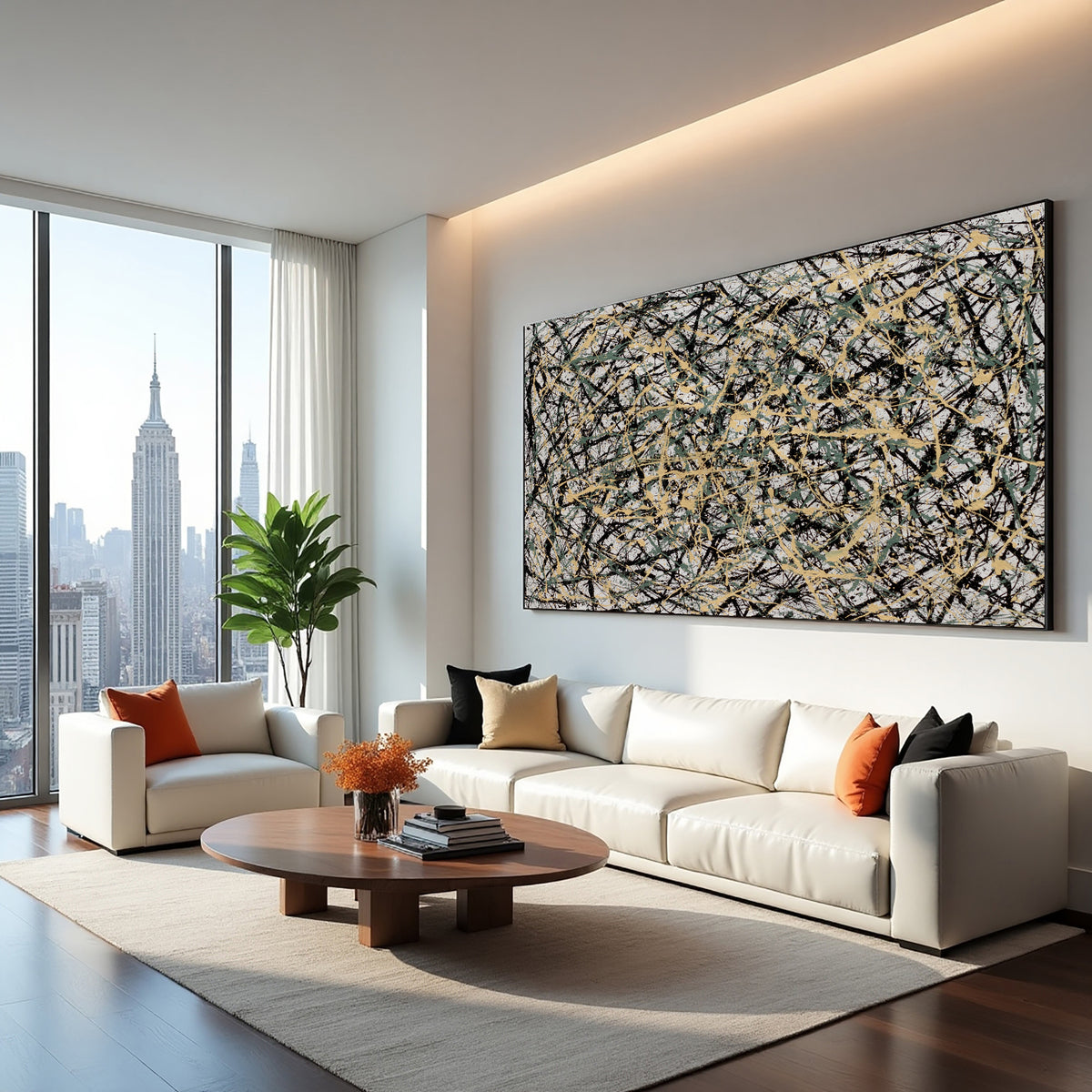 Jackson Pollock Style Black yellow Drip Painting – Hand-Painted Abstract Splatter Canvas Art
