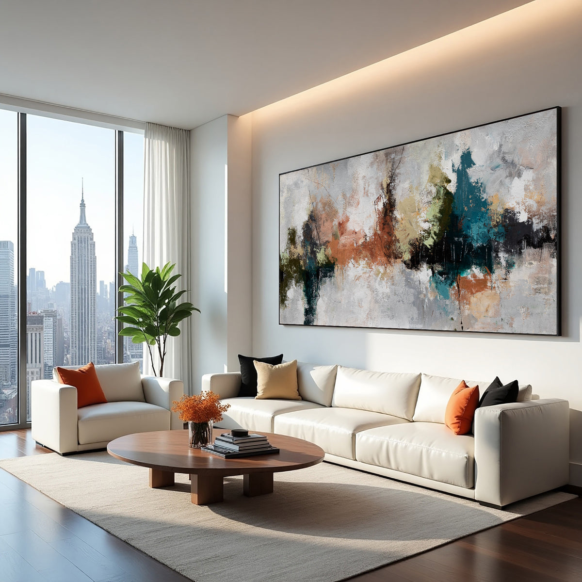 Neutral Abstract Landscape Painting on Canvas – Original Hand-Painted Horizontal Wall Art