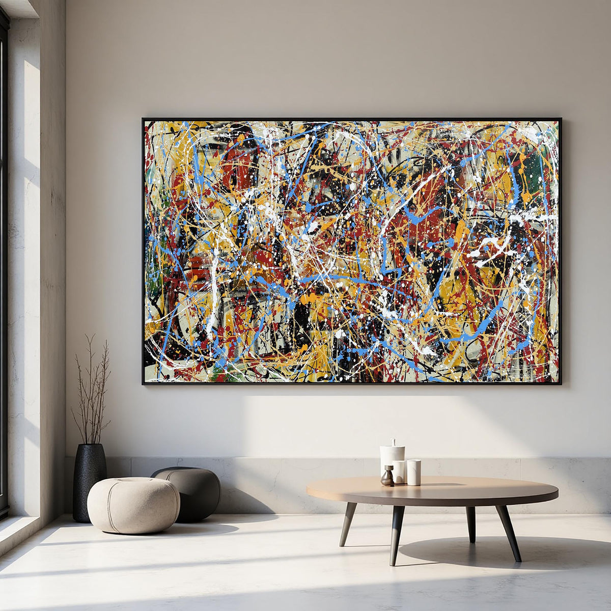Bold Abstract Painting – Colorful Modern Drip Art – Large Canvas Wall Art – Handmade Jackson Pollock Style – Red Blue Yellow Artwork