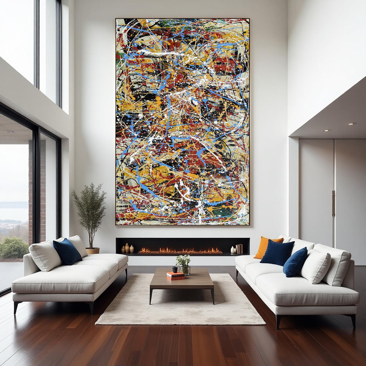 Bold Abstract Painting – Colorful Modern Drip Art – Large Canvas Wall Art – Handmade Jackson Pollock Style – Red Blue Yellow Artwork