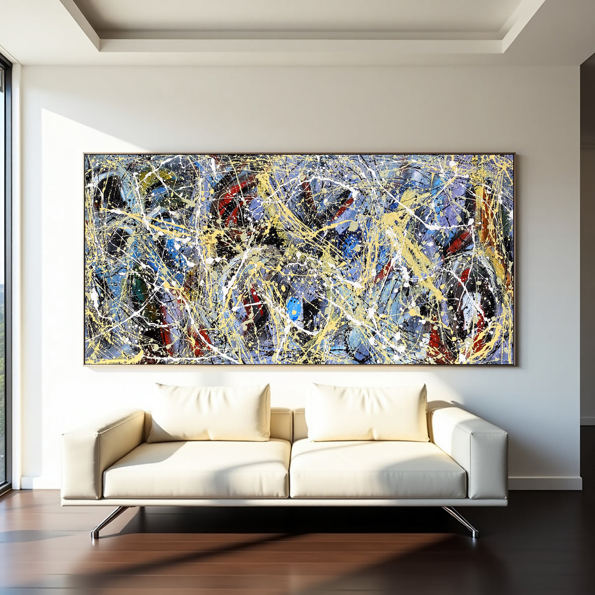 Jackson Pollock style abstract painting blue black gold splatter art large wall decor modern abstract contemporary painting on canvas
