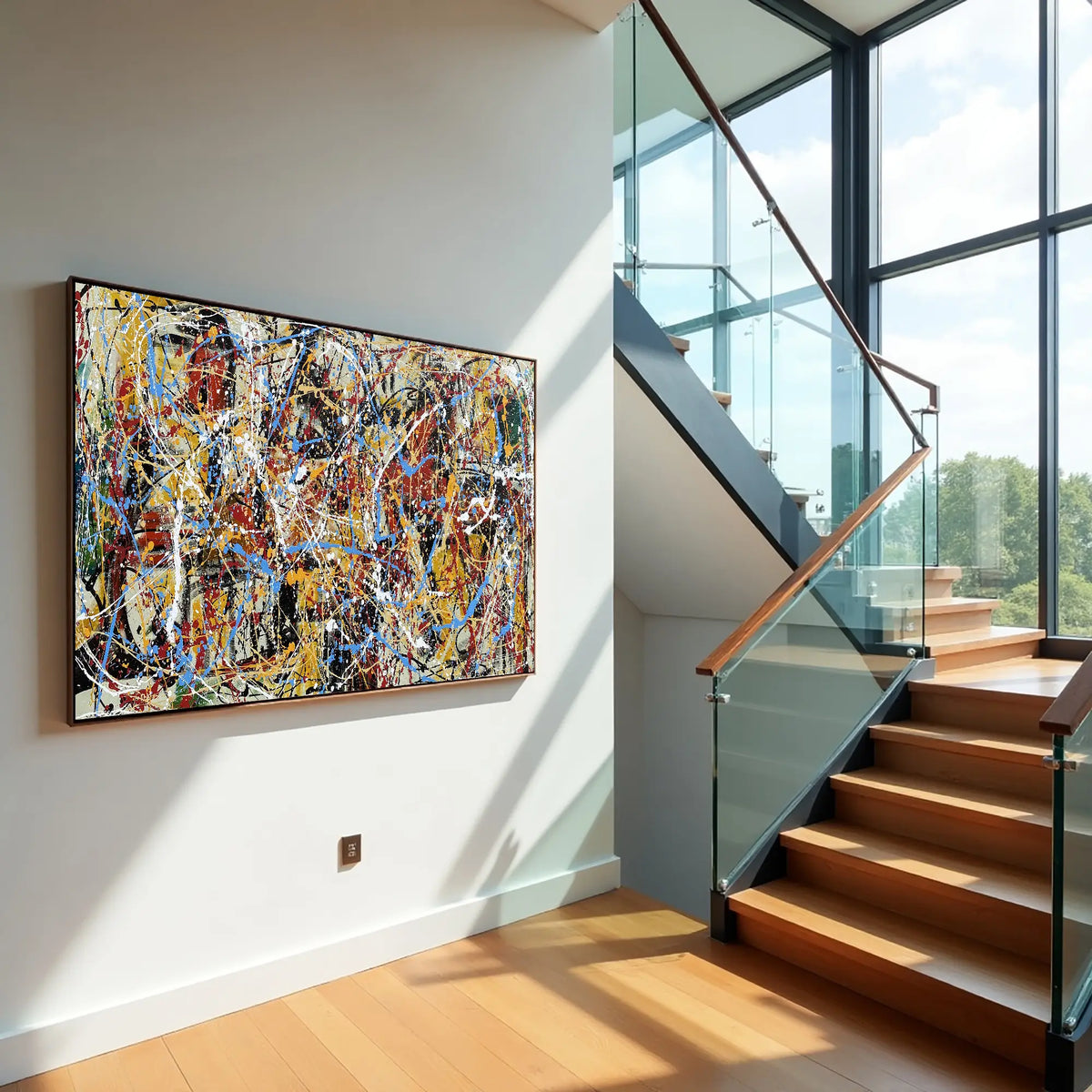 Modern interior with abstract painting on wall and staircase