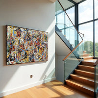 Modern interior with abstract painting on wall and staircase
