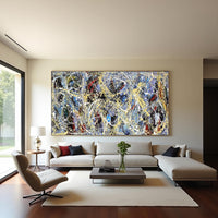 Jackson Pollock style abstract painting blue black gold splatter art large wall decor modern abstract contemporary painting on canvas