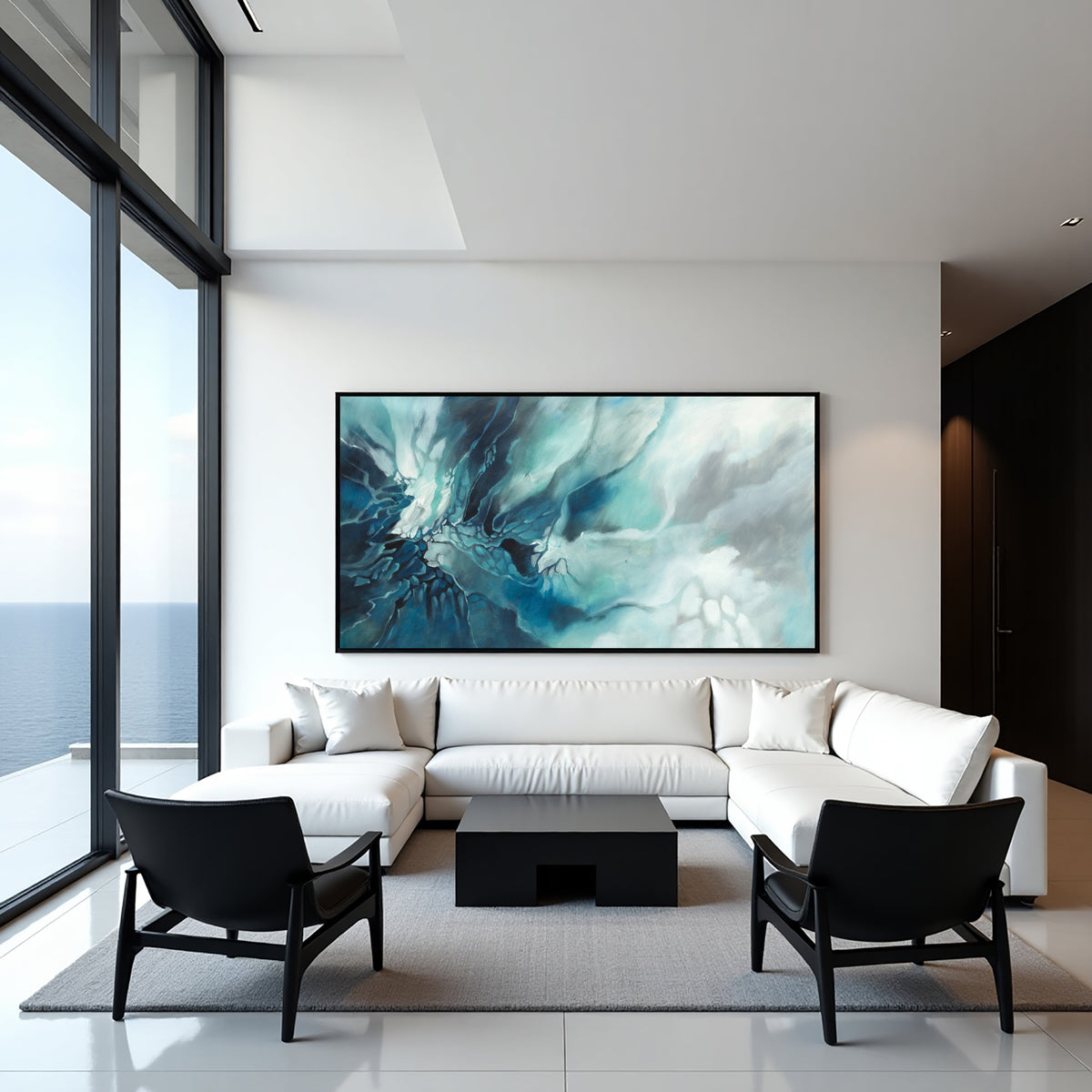 Aqua Blue Fluid Abstract Painting on Canvas
