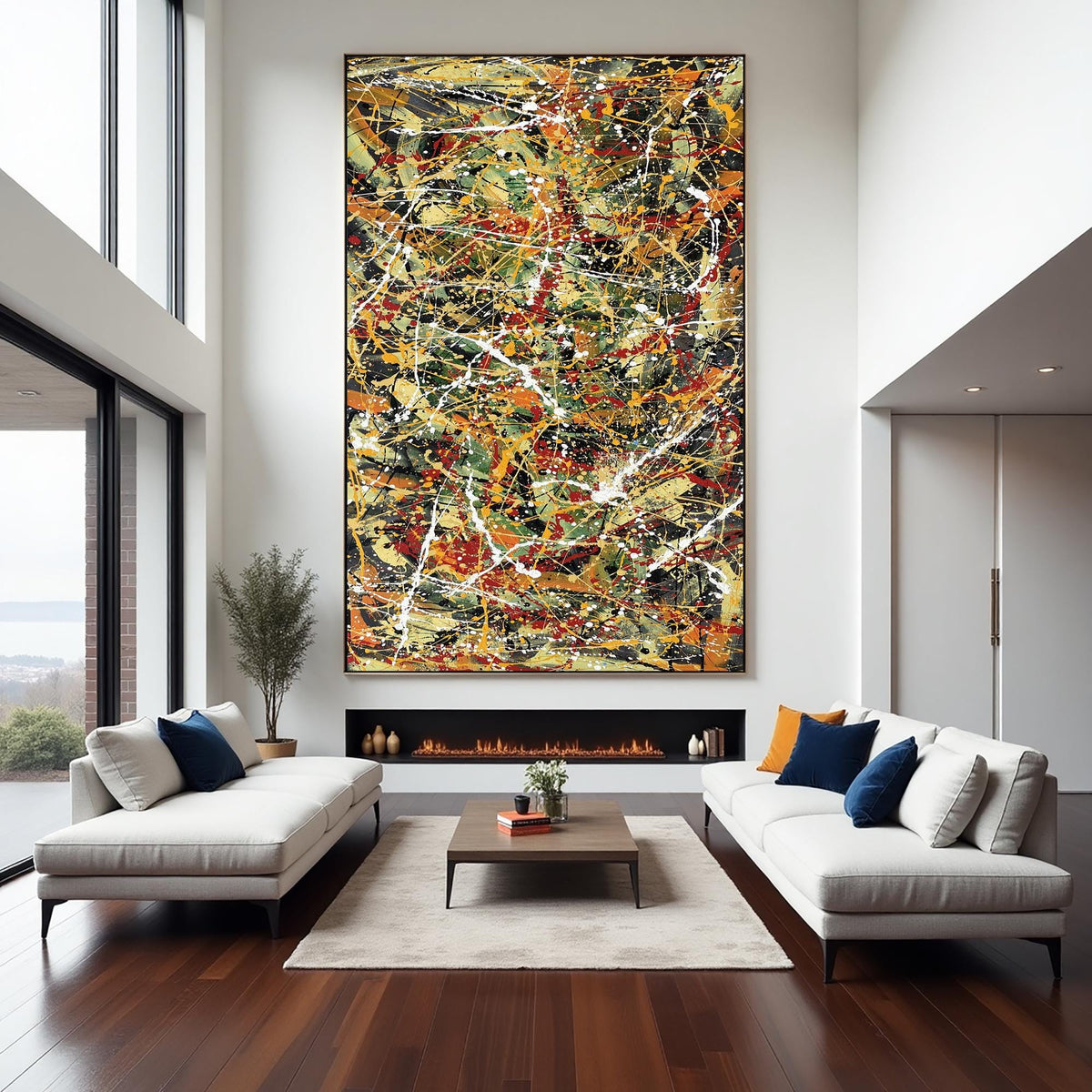 Large abstract splatter painting on canvas red green yellow black | Jackson Pollock style wall art | modern drip painting for living room