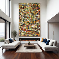 Large abstract splatter painting on canvas red green yellow black | Jackson Pollock style wall art | modern drip painting for living room