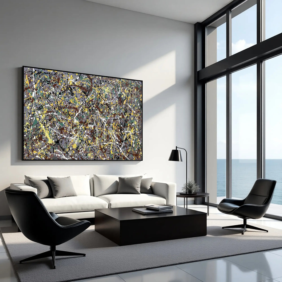 Contemporary abstract drip painting for living room wall decor, handmade Pollock-style canvas artwork
