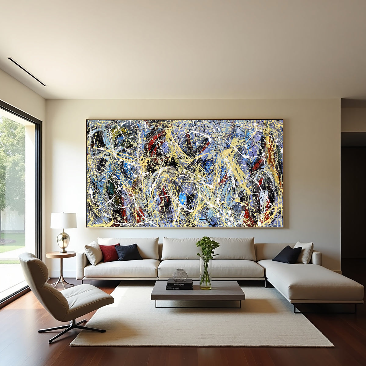 Jackson Pollock style abstract painting blue black gold splatter art large wall decor modern abstract contemporary painting on canvas